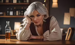 the blond woman with gray hair is leaning her head on her hand