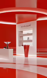 a store front with red walls and white tables