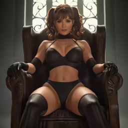 a woman wearing a black lingerie and boots sits in a brown leather chair
