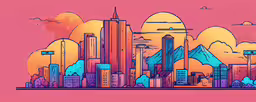 an abstract city skyline in pink and blue,an illustration of a colorful city with a purple sunset