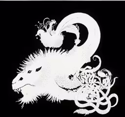 a white animal surrounded by smaller black objects,a white print with black background and black words