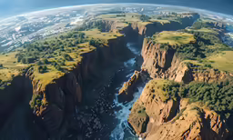 aerial view of an area with mountains, water and trees