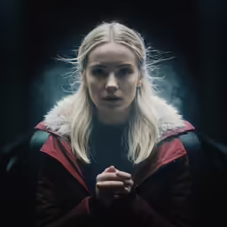 a woman with blonde hair posing in the dark