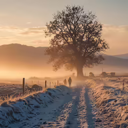 people walking on a snowy road through an open field
