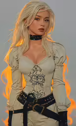 the woman is wearing a white outfit with flames around her