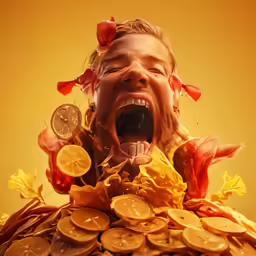 the girl is screaming with many coins all over her