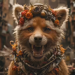 a close up of a dog wearing a flower wreath around its head