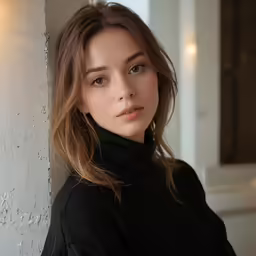 a woman poses in a black turtleneck shirt
