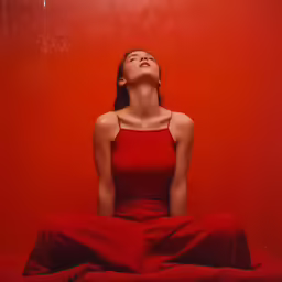 a woman in red sits in a yoga pose