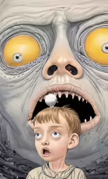 a child standing next to an animated creature