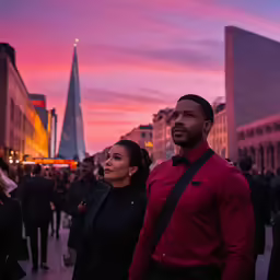 a couple standing together looking at the sky at sunset