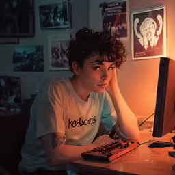 a kid looking bored while sitting at his computer