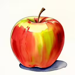 a drawing of an apple painted with watercolors,an apple is a color drawing and it looks like its been drawn by someone else