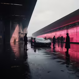 the cars are parked on the wet road