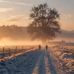 two people walking down the road under a tree at sunrise