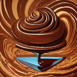 a photo of a cupcake, chocolate, and caramel swirl,a 3d image of chocolate swirled with a blue background