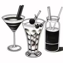 three cocktails drawing by hand,a couple of drinks in some glasses