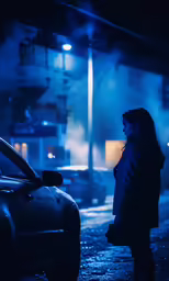 a woman in the dark standing next to her car