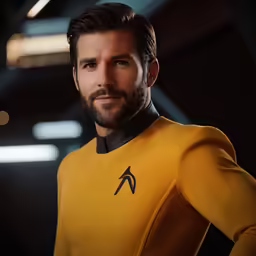 a man in a yellow uniform stands in front of a black background