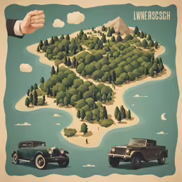 a car is driving past some trees and hills