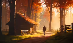 a man is walking in the middle of a path,a man is walking down the road towards a small hut in the forest