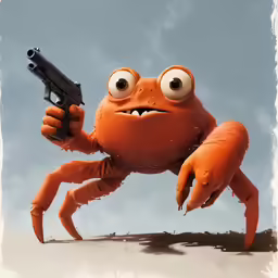 a cartoon crab with big eyes and a gun