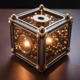 an elaborate lit up square object with a button on it