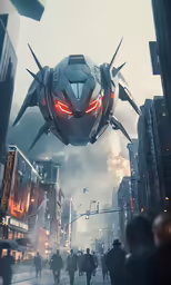a futuristic cityscape is surrounded by buildings and people on a busy street