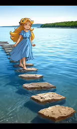 a beautiful young blonde haired woman walking across a long wooden pier