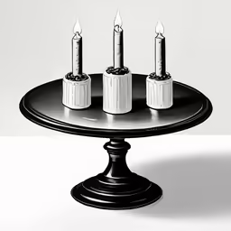 three candles sit on a cake plate with silver candles