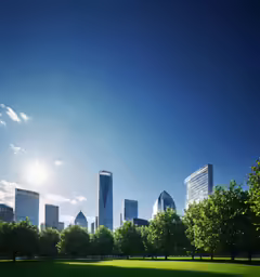 a park with trees and buildings in the background