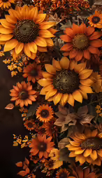 close up view of a group of sunflowers in autumn