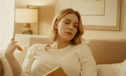 woman sitting down reading a book in a hotel room