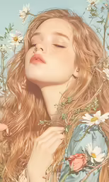 a girl with long blond hair wearing a blue floral shirt