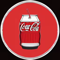 a coca - cola can is shown on a red circular button,a red and white can that is in a circular frame,the emblem for a coca cola brand on a black background,a coca cola can with a straw in it,a red and white image of a coca cola can