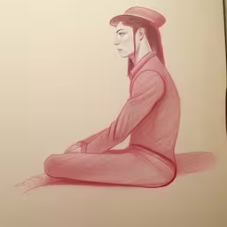 a drawing of a man in red suit, hat and tie,a drawing of a man in a red suit and hat sitting down