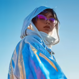 the young woman in the blue and white hooded towel is wearing purple sunglasses