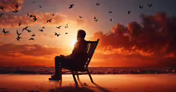 a man sitting in a lawn chair with birds flying over,a person sitting in a chair in the shade of a sunset