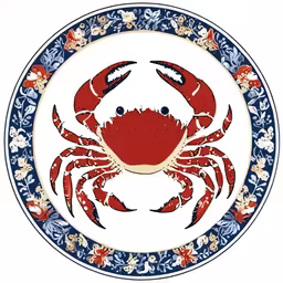 a red crab in a blue, white and red circular