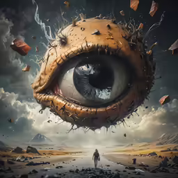an eye has been broken into into pieces as it looks like it is flying through the sky