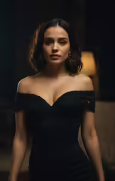 a woman in a black dress posing for a photo