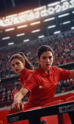 the two women are standing on top of the tennis court