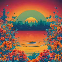 a beautiful scene with the sun setting over a lake,the sun has set over a large body of water