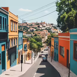 the street is empty and colorful, with cars driving down it
