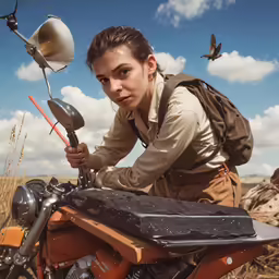 a woman is holding the handle bar of a motorcycle