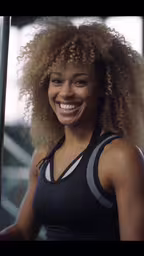 a woman smiling and holding up a pole,a smiling woman with afro is holding up a bar