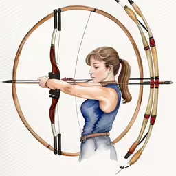 a woman aiming an arrow at another person,a girl wearing blue aims her bow at the target