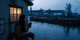 a woman with an umbrella walks near the river