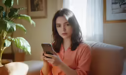 woman sitting on couch looking at cell phone