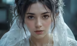the woman is dressed in white cloth and has pearled hair